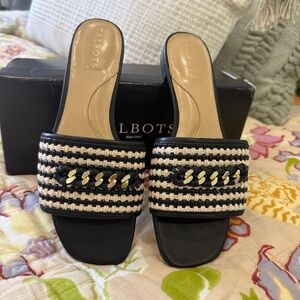 Talbots Black and Cream Woven Slide Mules with Gold Chain Accent